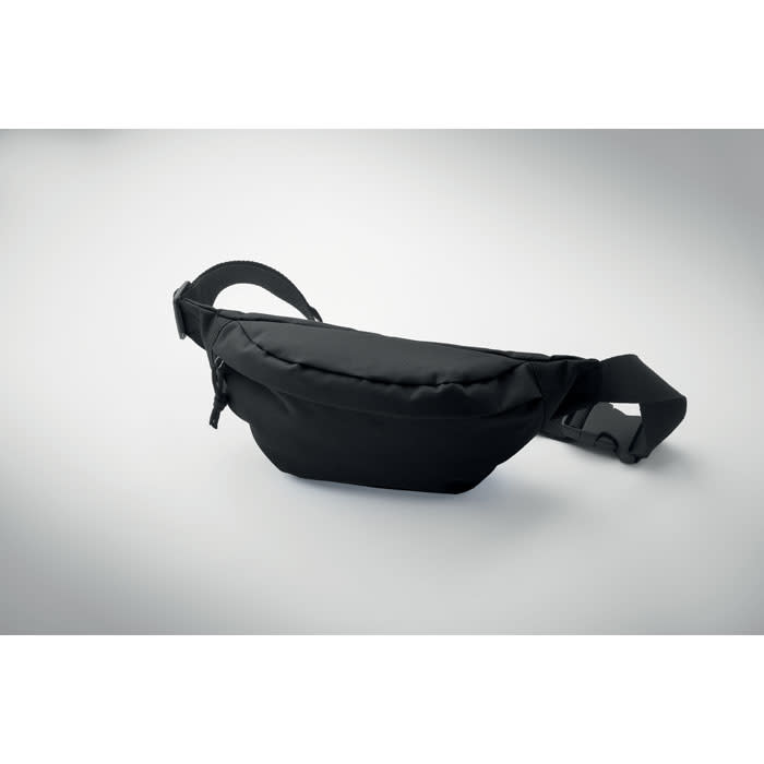 A black waist bag with a zippered compartment and adjustable strap, featuring a simple design and no visible branding.