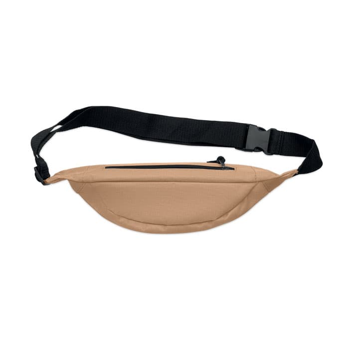 A hip belt bag in beige with a black adjustable strap and a zippered compartment.