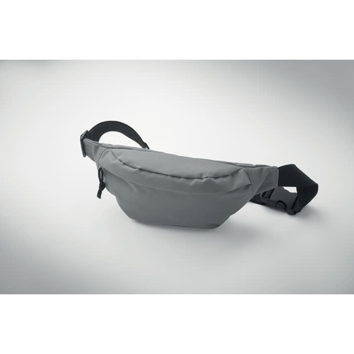 A grey waist bag with an adjustable strap, featuring a sleek design and a single compartment.