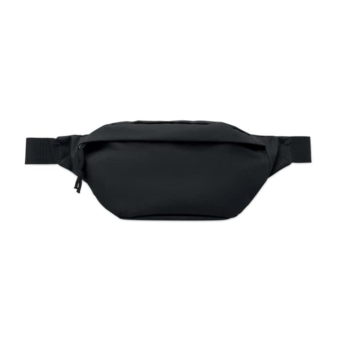 A black fanny pack with a minimalist design and a single zippered compartment. It features an adjustable strap and has a logo.