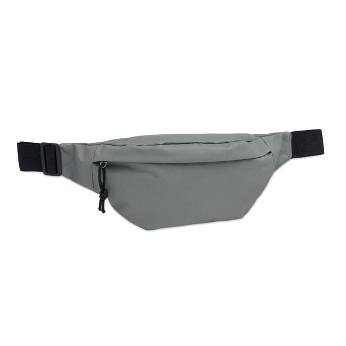 A grey fanny pack with a zippered front pocket and adjustable straps, featuring a logo.