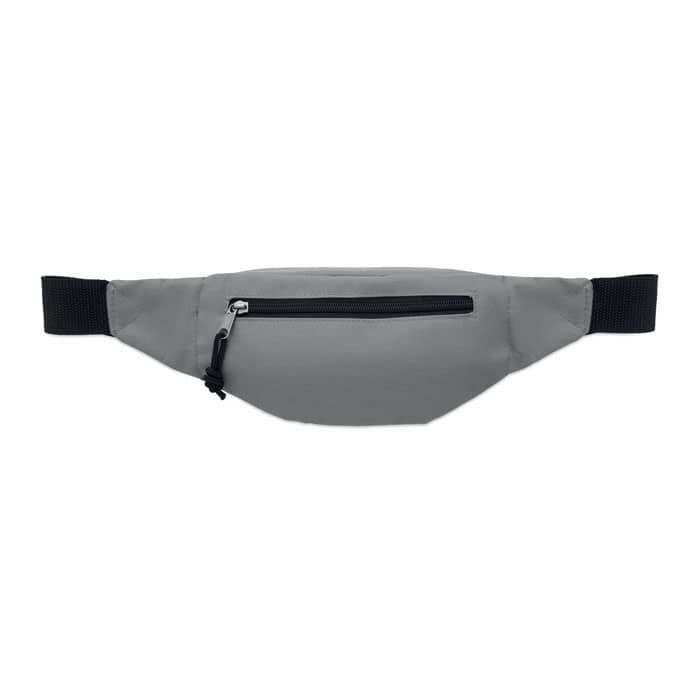 A grey waist bag featuring a front zippered pocket and an adjustable strap. It includes a logo.