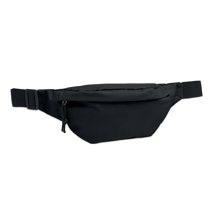 A black waist bag with a zippered front pocket and an adjustable strap. The bag has a simple, sleek design.