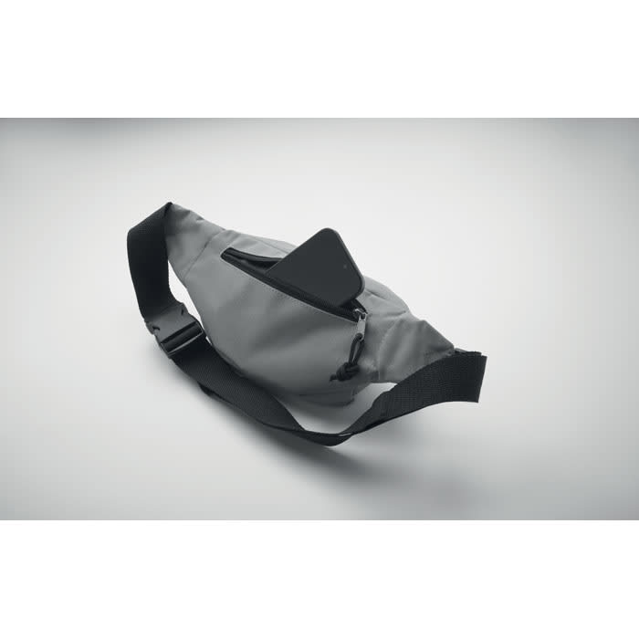 A grey hip pouch with a black strap, featuring a pocket designed for carrying items.