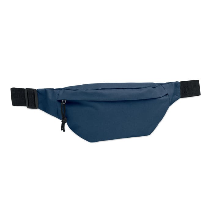 A fanny pack in navy blue with a zippered front pocket and adjustable straps. It features a logo.