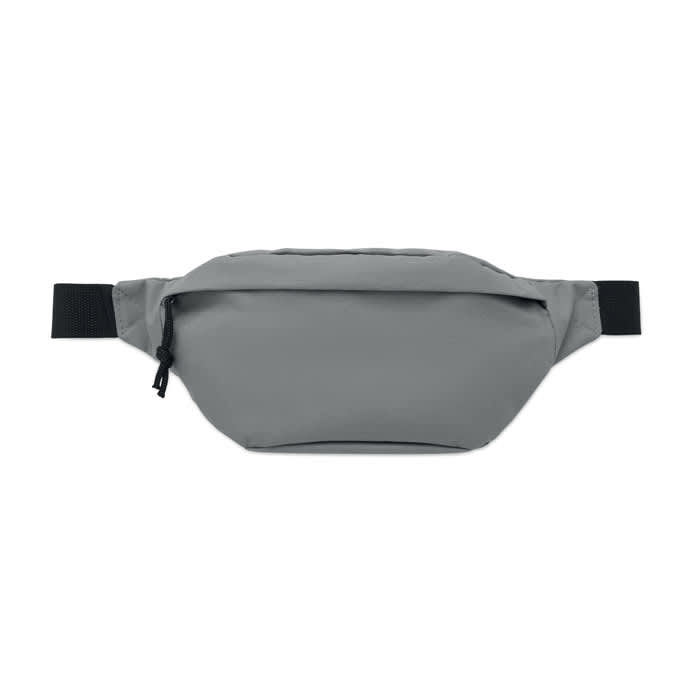 A grey fanny pack with a zippered compartment and an adjustable strap, featuring a logo.