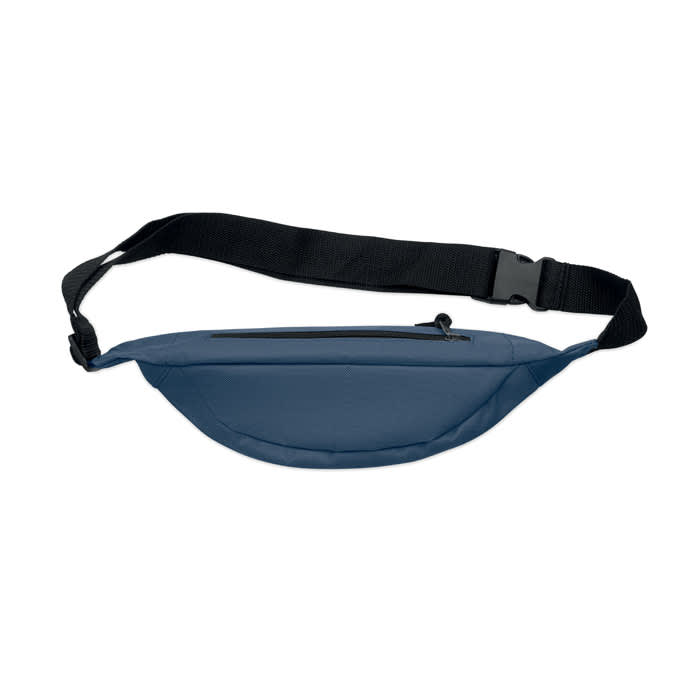 A navy blue hip pouch with an adjustable strap and a zippered pocket, featuring a simple design.
