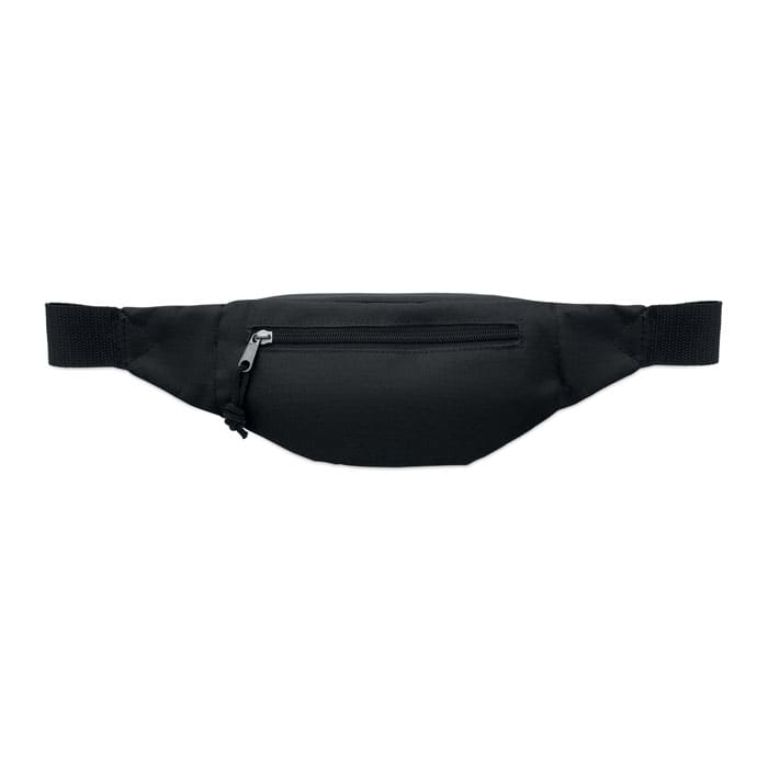 A black waist bag with adjustable straps and a front zip pocket, featuring a branding logo.