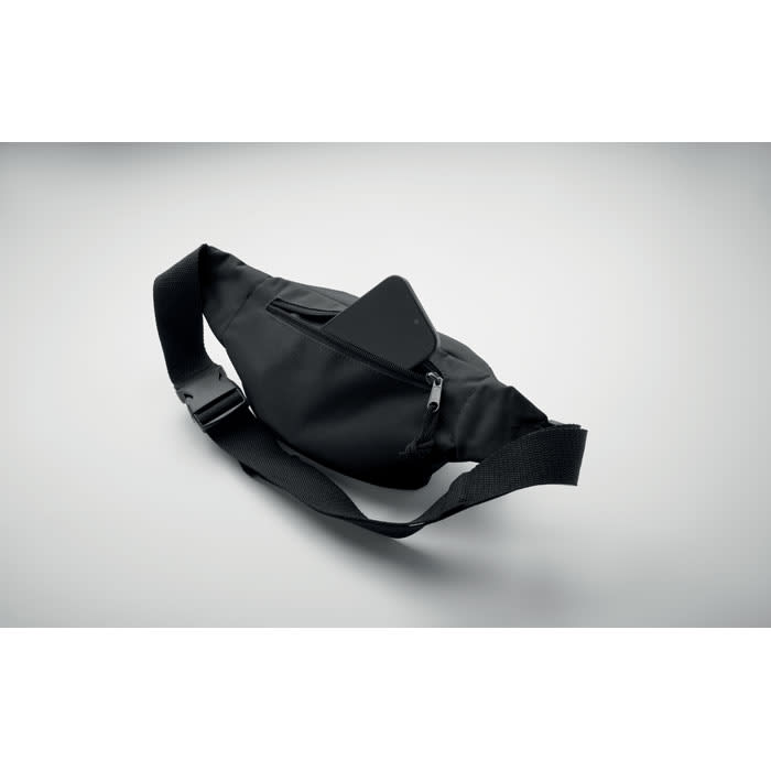 A black waist bag with an adjustable strap and a flat pocket on the front. It has a minimalist design and a logo.