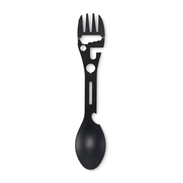 A multi-tool utensil in black, featuring a spoon, fork, knife, and various tool functions.