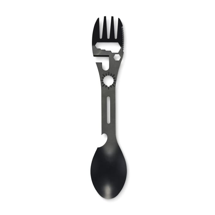 A multifunctional utensil in black, combining a fork, spoon, and knife design with additional tool features.