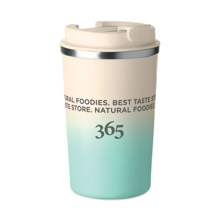 A drink bottle featuring a gradient design from cream to teal, with a silver-coloured lid and branding visible.