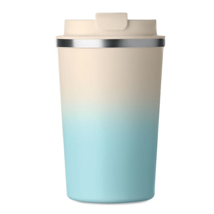 A drink bottle in a gradient design, featuring cream and light blue colours with a silver band and a lid.