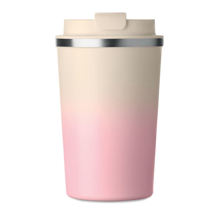 A drink bottle with a gradient design in cream and pink, featuring a silver lid and a branding logo.