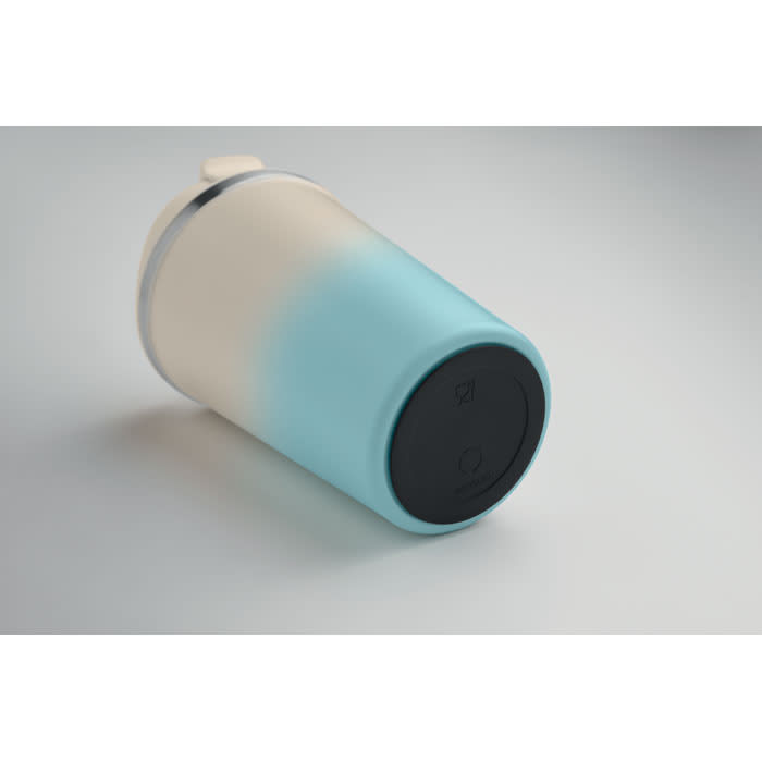A drink bottle in a gradient design, featuring light blue and white colours, with a black base and a logo.