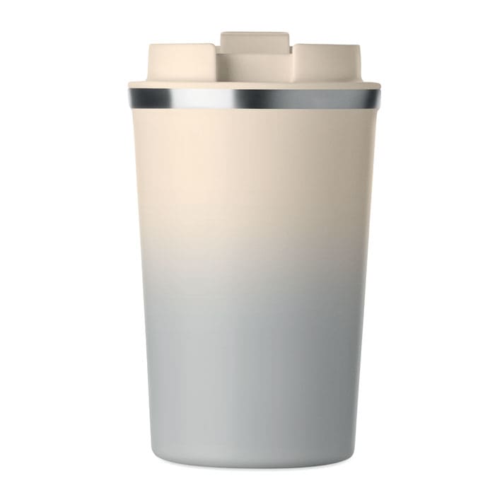 A drink bottle featuring a gradient design from cream to grey, with a silver band near the top and a branded logo.