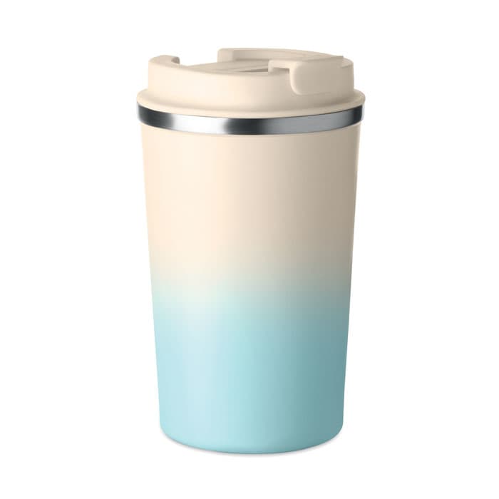 A drink bottle with a cream and gradient blue design, featuring a silver band and a secure lid.