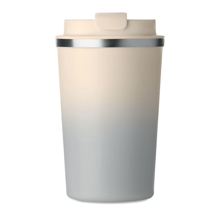 A drink bottle featuring a gradient design in cream and grey, with a metallic band at the top and a lid.