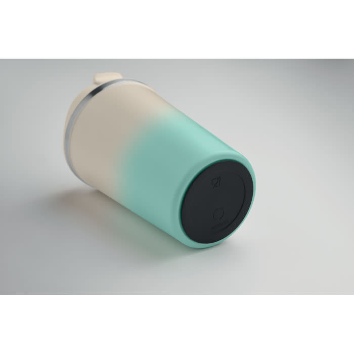 A drink bottle featuring a gradient design with aqua and white colours, displaying a circular base and a lid.