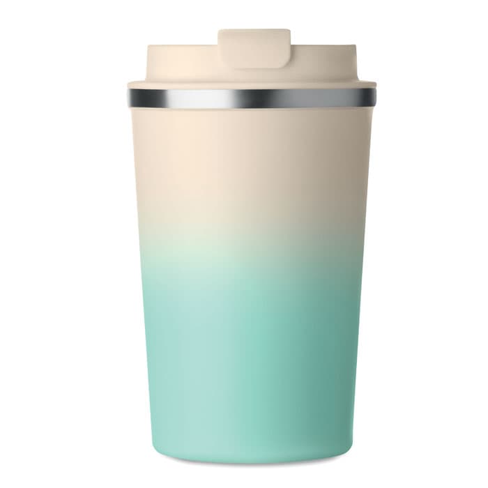 A drink bottle with a gradient design, featuring a creamy top and a teal bottom, and a silver lid.
