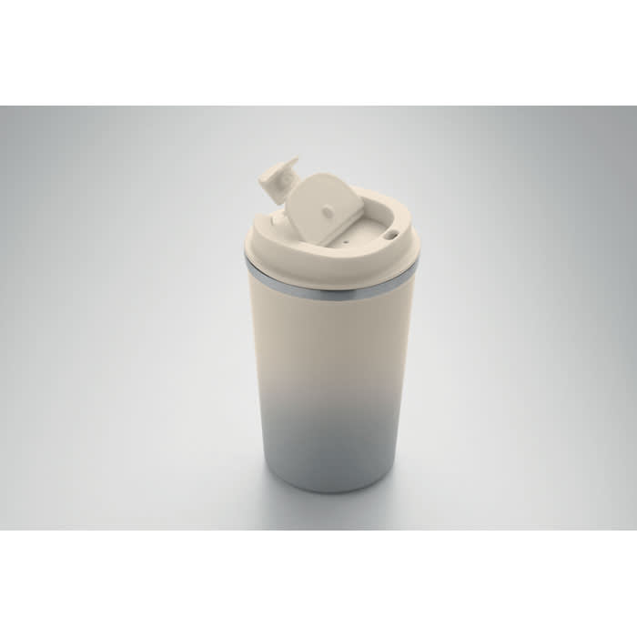 A drink bottle in a gradient of white to grey, featuring a screw-on lid with a spout and a logo.