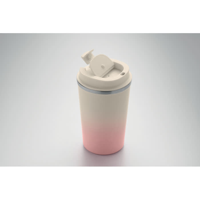 A drink bottle with a gradient design, featuring white at the top and soft pink at the bottom, with a flip-top lid.