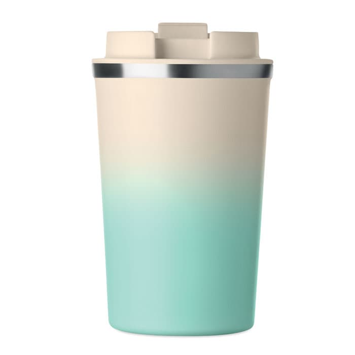 A drink bottle with a gradient design, featuring a creamy top and a turquoise bottom. It has a silver band and a logo.