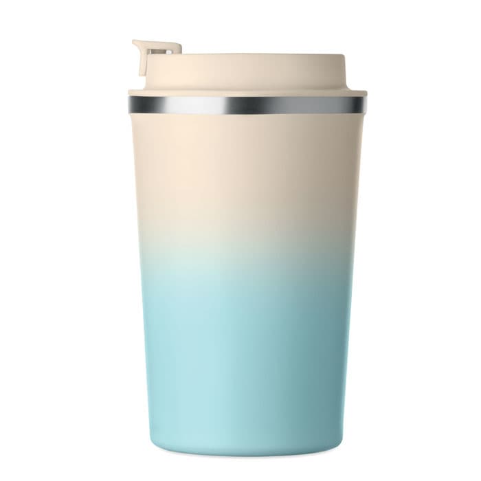 A drink bottle featuring a gradient design in cream and light blue, with a silver accent and a lid.