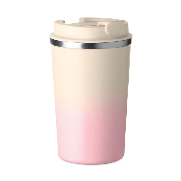 A drink bottle in a gradient design, featuring cream and pastel pink colours with a stainless steel accent and a lid.