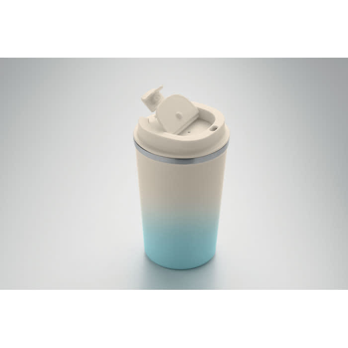 A drink bottle featuring a gradient design in white and light blue, with a flip-top lid and a logo.