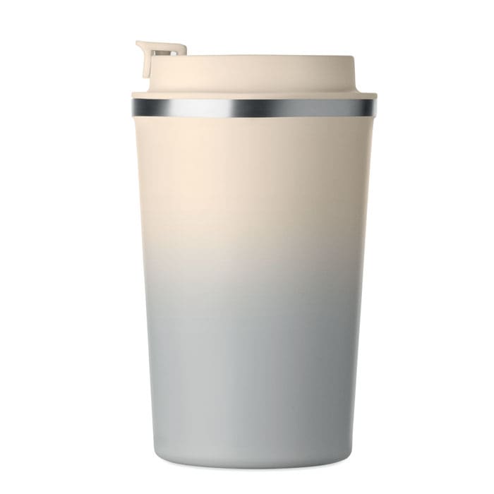 A drink bottle featuring a gradient design in cream and grey, with a silver band and a lid. It has a logo.