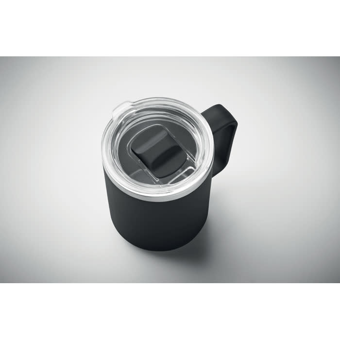 A drink bottle in black with a clear lid and a handle, featuring a logo on the design.