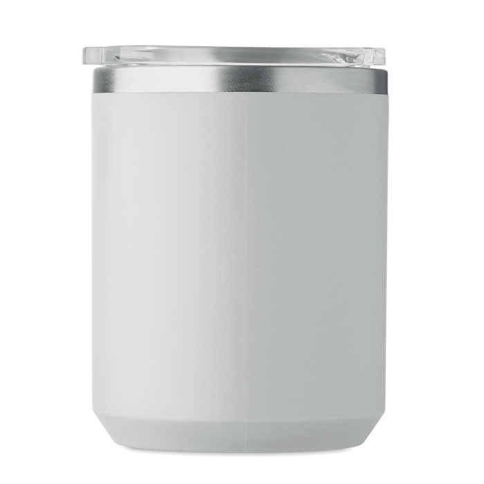 A drink bottle in white with a silver rim, featuring a transparent lid and a simple design.