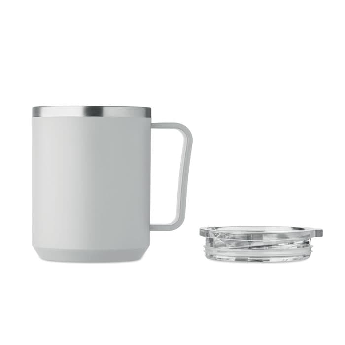A drink bottle in matte white with a silver rim and a clear, removable lid beside it.