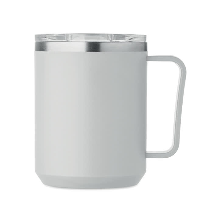 A drink bottle in matte white with a transparent lid and a sturdy handle, featuring a silver rim.