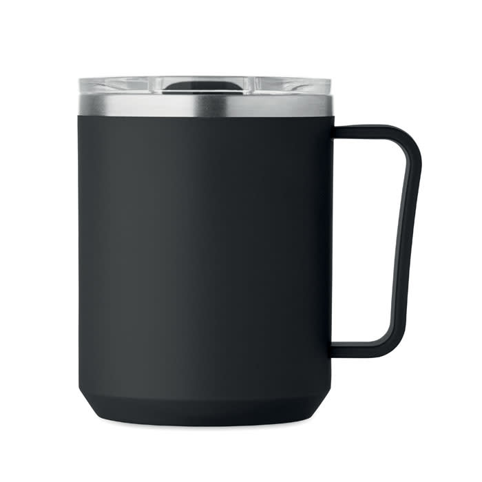 A drink bottle in matte black with a stainless steel lid and a handle. It features a logo on the side.