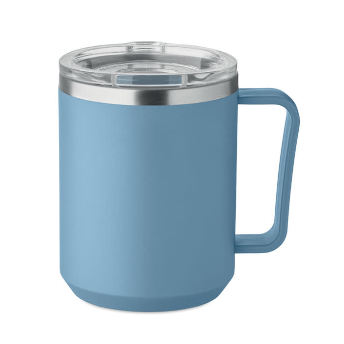 A drink bottle in light blue with a handle and a clear lid, featuring a stainless steel finish.