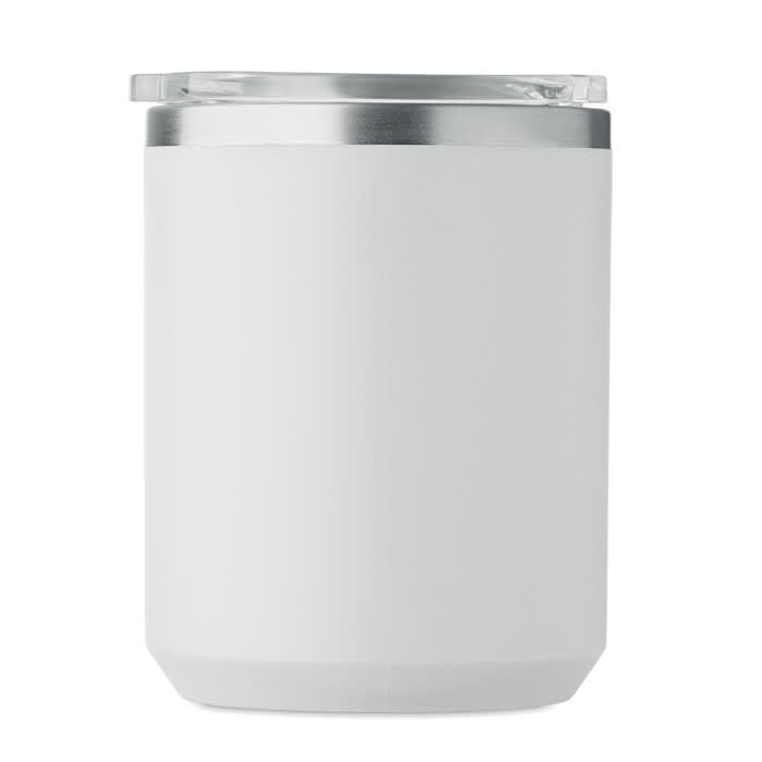 A drink bottle in white with a silver lid, featuring a clear transparent top and a smooth, cylindrical shape.