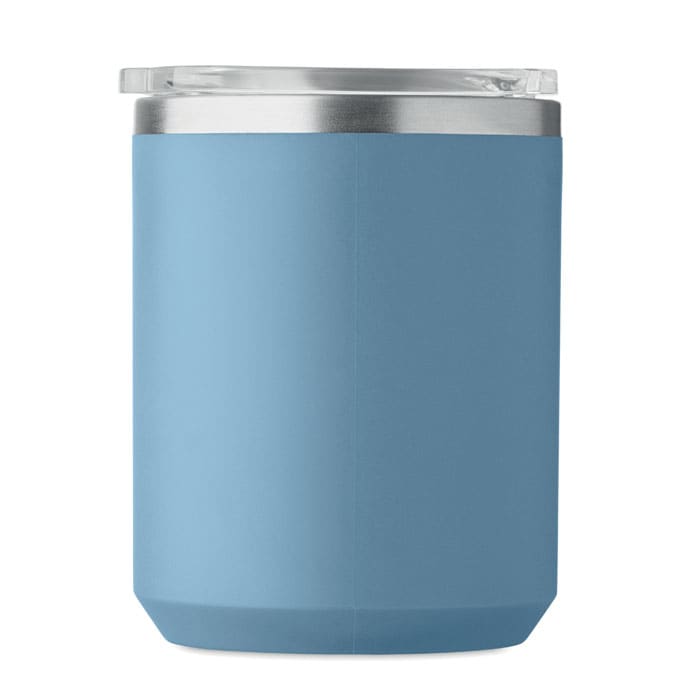A drink bottle in a pastel blue colour with a stainless steel lid and a smooth matte finish.