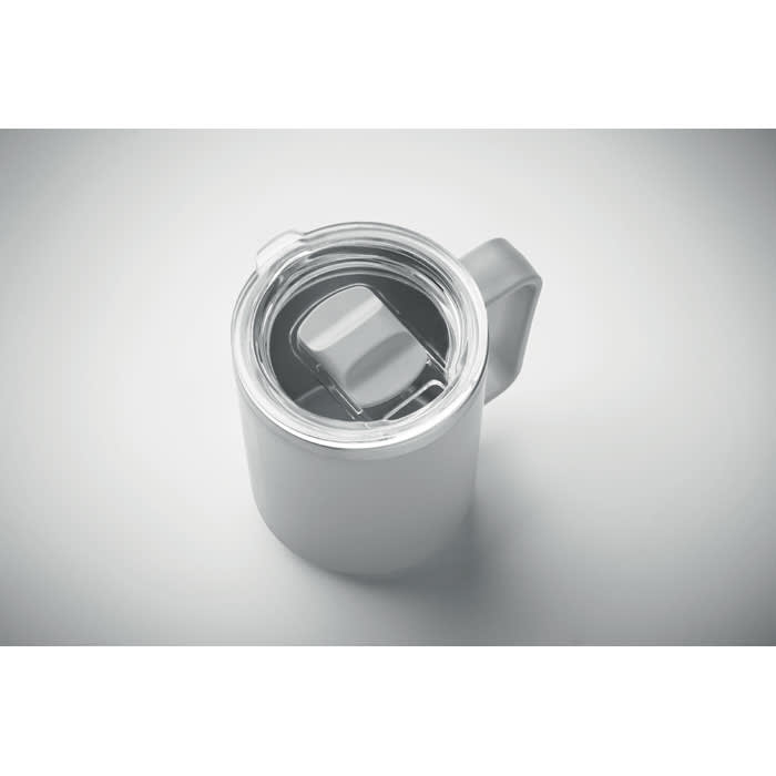 A drink bottle in grey with a clear lid, featuring a handle and a large ice cube inside.