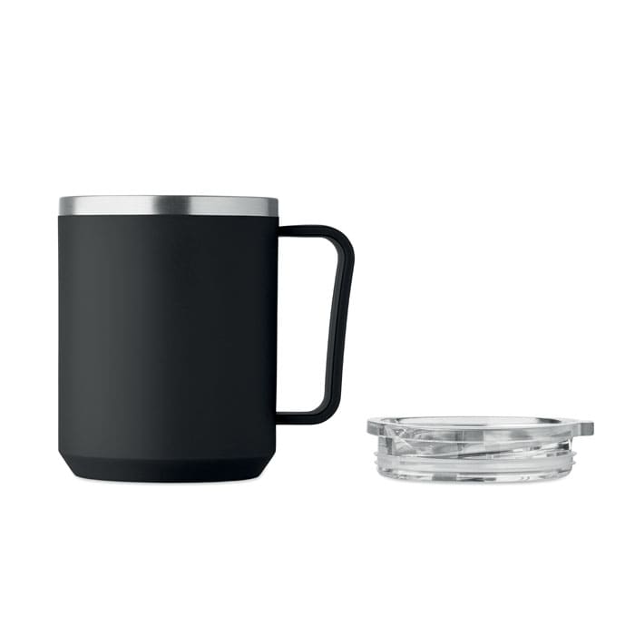 A drink bottle in matte black with a stainless steel rim and a clear lid next to it.