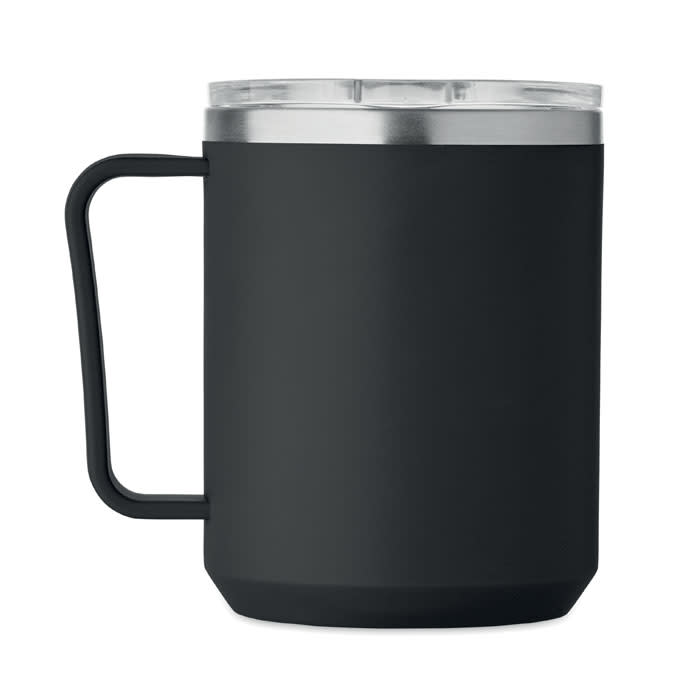 A drink bottle in matte black with a handle and a clear lid, featuring a logo on the front.