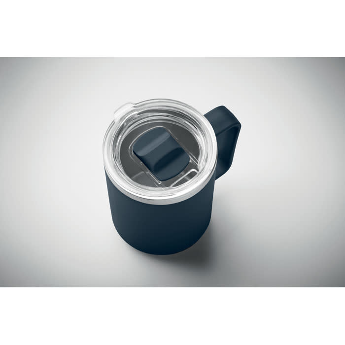 A drink bottle in dark navy blue with a clear lid and a handle, featuring a logo.