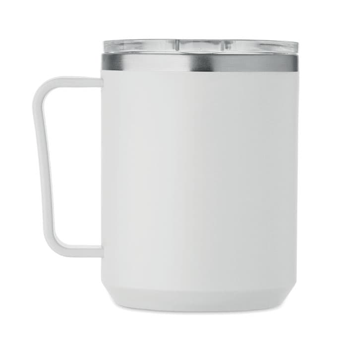 A drink bottle in white with a stainless steel lid and a handle, featuring a simple design.