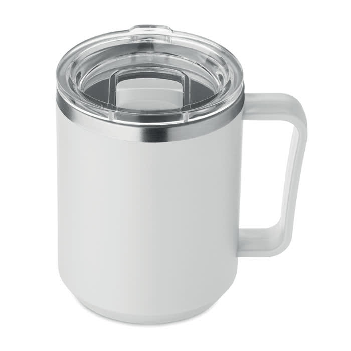 A drink bottle in white with a silver lid and a clear drinking straw. It features a handle for easy carrying.