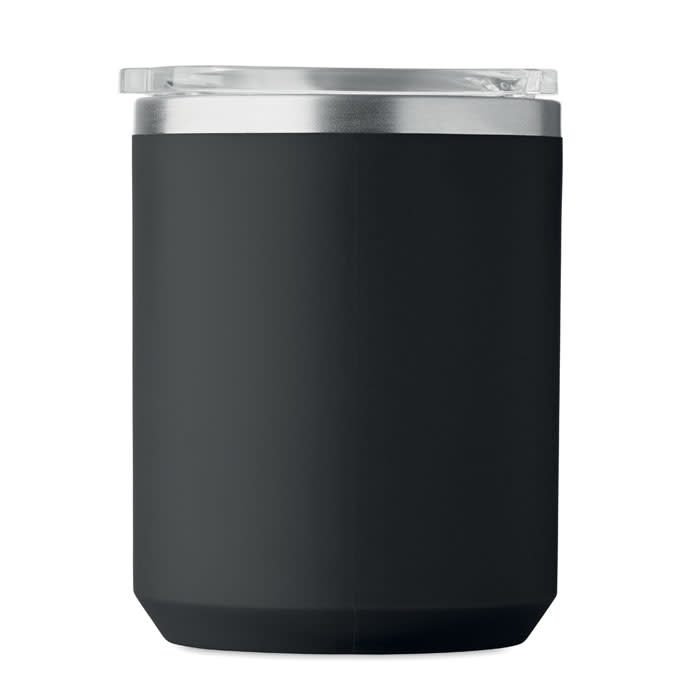 A drink bottle in matte black with a stainless steel lid and a clear top. It features a logo on the side.