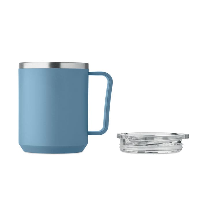 A drink bottle in light blue with a stainless steel lid and a clear plastic cover beside it.