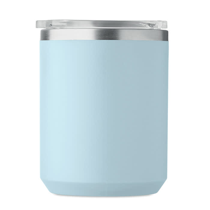 A drink bottle in a light blue hue with a silver lid and a transparent top. It features a logo on the body.