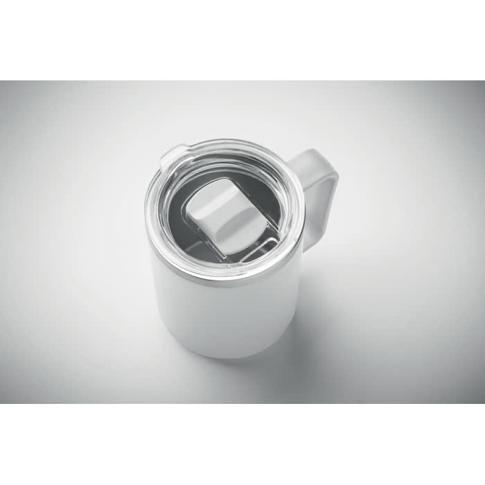 A drink bottle in white with a black lid, featuring a removable inner container.