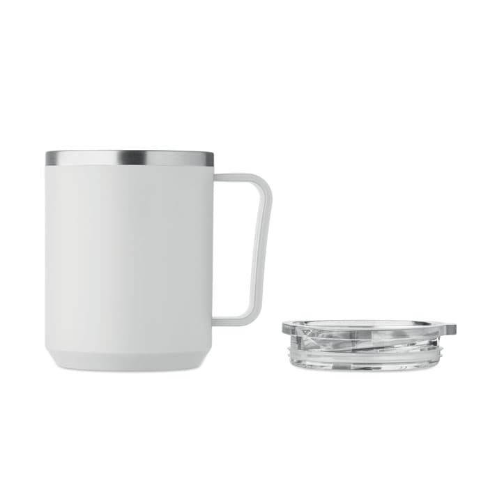 A drink bottle in white with a silver lid, alongside a transparent lid. It has a sturdy handle and a sleek design.